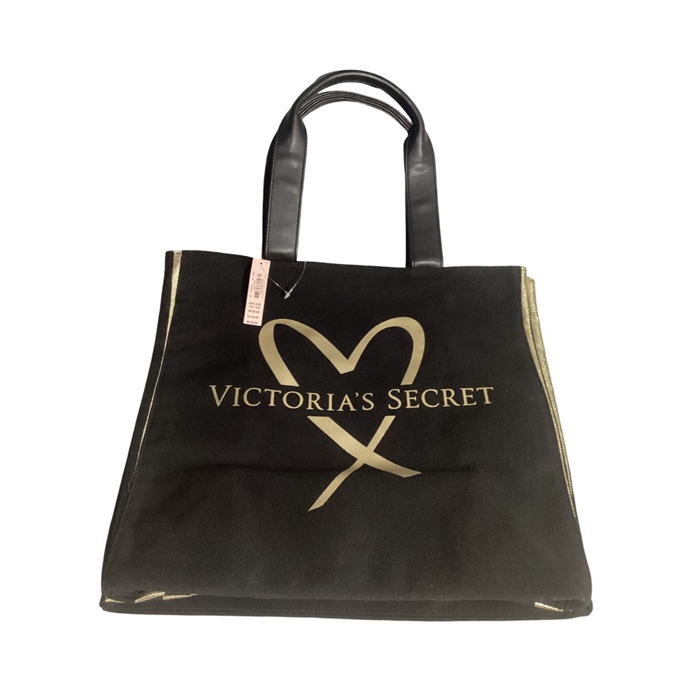 Victoria’s Secret Black & Gold Metallic Logo Heart Stripes Large Tote Bag NEW